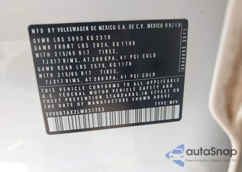 2020 Volkswagen Tiguan 2.0T S из США, поврежденный, VIN 3VV0B7AX2LM031753